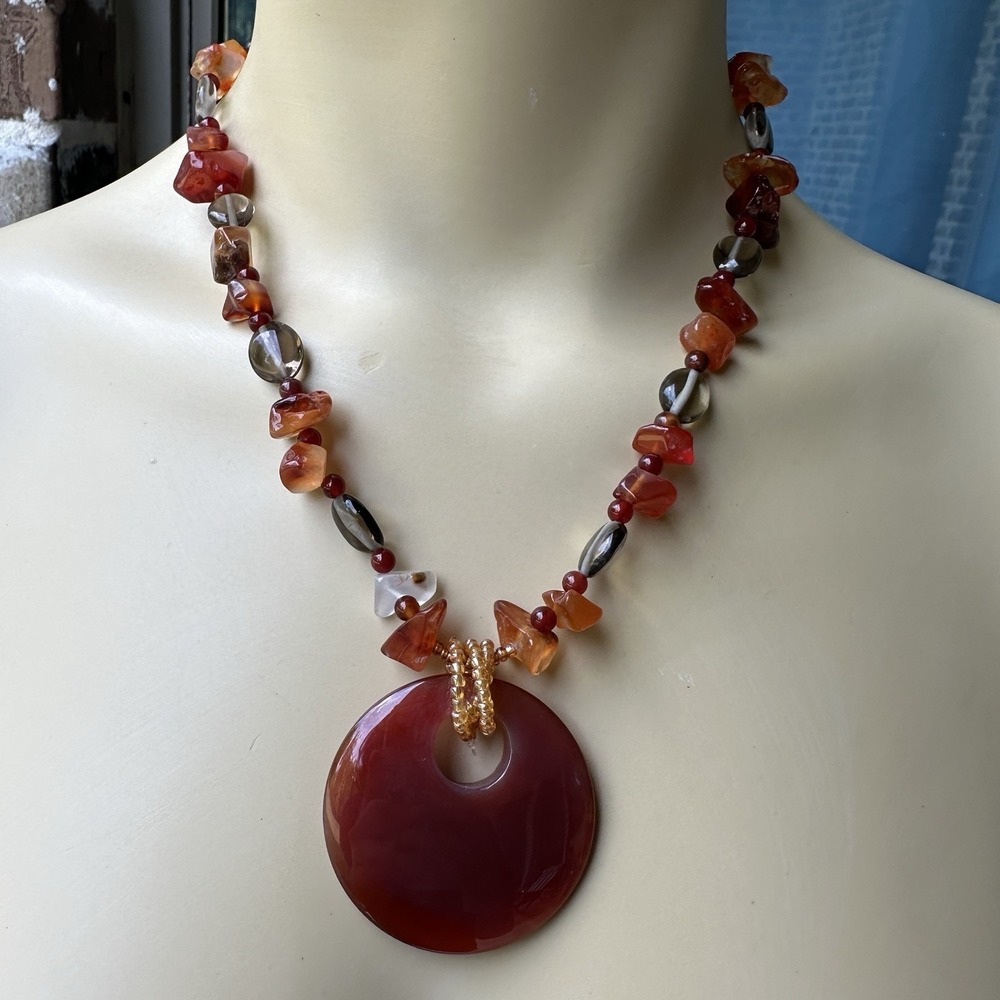 Vintage Statement Necklace 17 Inch‎ Red Orange Carnelian Agate Smoky Art Glass